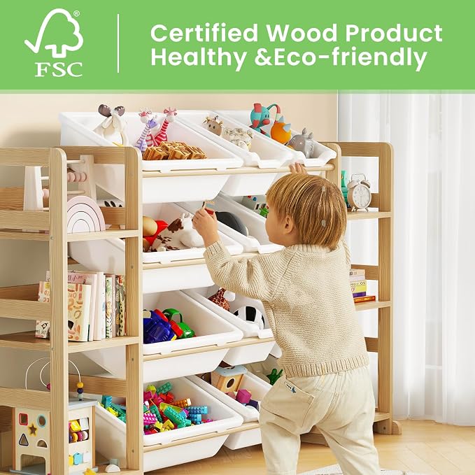EXPERLAM Extra Large Toy Storage - Toy Storage Organizer, Wooden Toy Organizer with 6 Side Shelves and 12 Bins, 3-in-1 Bookshelf for Kids Rooms, Playroom, Nursery, White - Image 3
