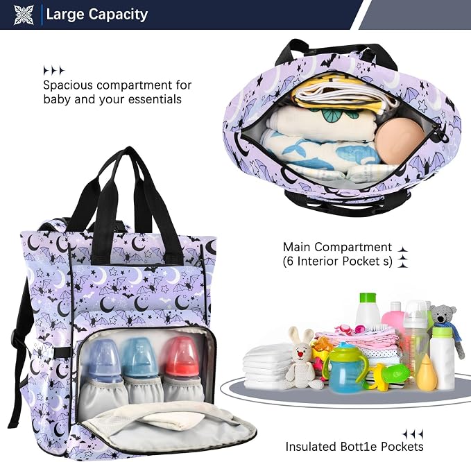 Mnsruu Diaper Bag Bat Moon Starry Sky Purple Large Changing Backpack Multifunction Travel Tote Mommy Bag Baby Diaper Backpack for Mom Dad - Image 4