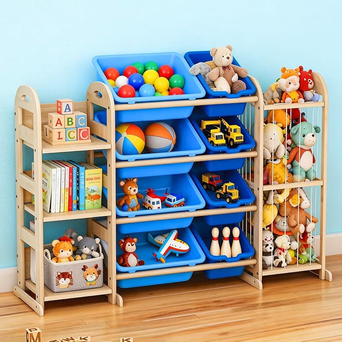 Toy Storage Organizer, Toy Organizers and Storage with Stuffed Animal Storage, Kids Toy Storage Shelf with 3 Shelves 8 Storage Bins, Kids Bookshelf, Toy Holder for Playrooms, Bedrooms, Blue by Orekemo
