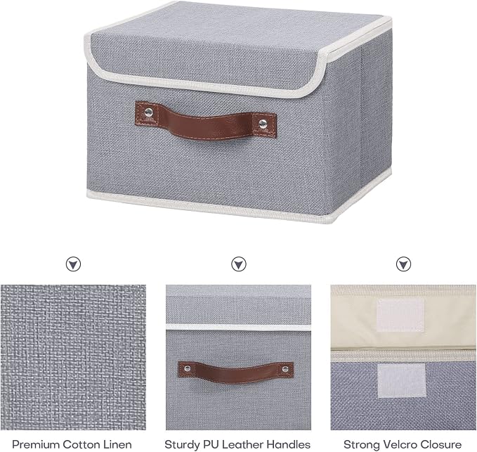 ANMINY Fabric Storage Box Bins with Lids, Gray, 10"x8"x7", 2 Pack | Keepsake Memory Storage, Cotton Linen, PP Board Reinforced, Washable, PU Handles, Foldable & Stackable, Decorative, Small - Image 3