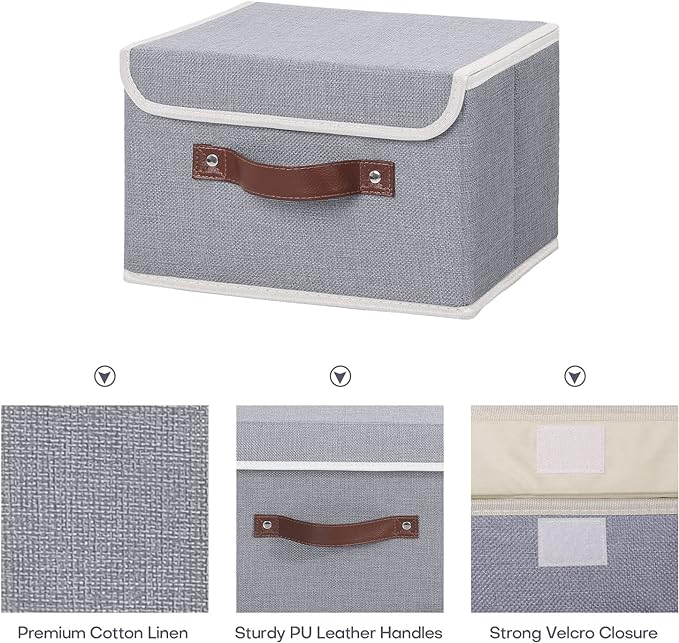 ANMINY Fabric Storage Box Bins with Lids, Gray, 10"x8"x7", 4 Pack | Keepsake Memory Storage, Cotton Linen, PP Board Reinforced, Washable, PU Handles, Foldable & Stackable, Decorative, Small - Image 3