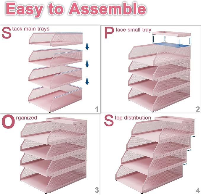 Natwind 4-Tier Stackable Metal Mesh Desk Paper Tray Organizer,Pink | Desktop Accessories for Office Supplies, Letter Tray For Paper Storage ,File Document Holder For Home School Classroom - Image 6