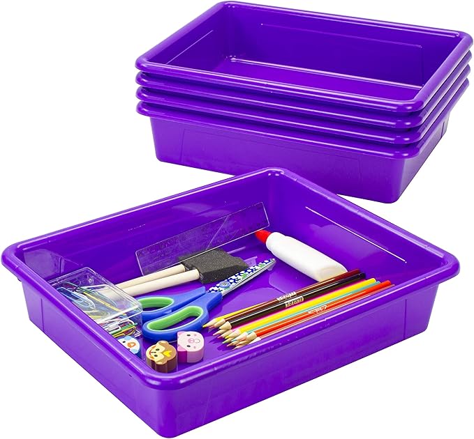 Storex Letter Size Flat Storage Tray – Organizer Bin for Classroom, Office and Home, Violet, 5-Pack (62521A05C), 10 x 13 x 3 Inches by Storex