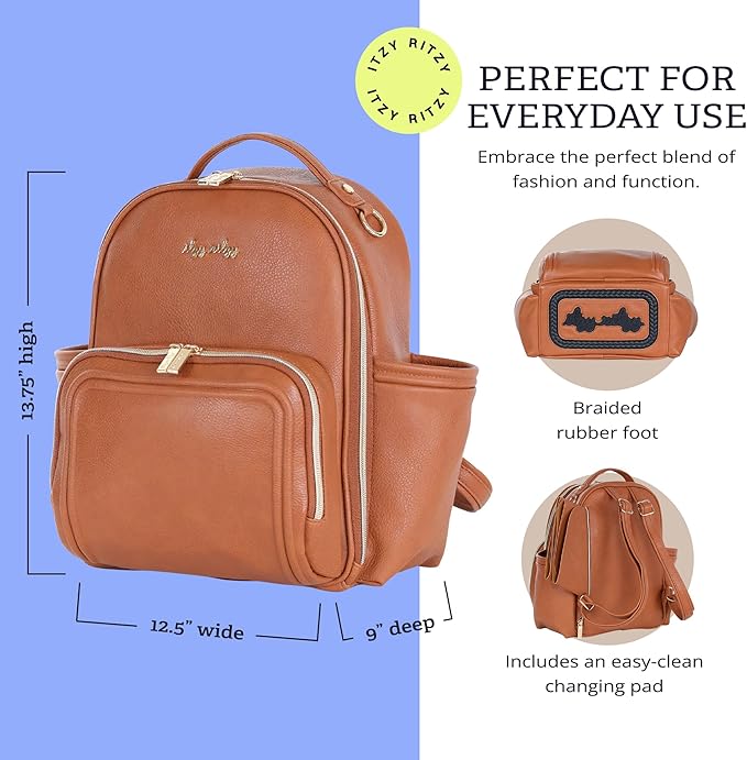 Itzy Ritzy Mini Diaper Bag Backpack - 10 Pockets w/Changing Pad (Cognac) | Chic Mini Plus Diaper Bag with 2 Insulated Bottle Pockets, Key Lanyard, Wipeable Changing Pad, Grab-Top Handle & Rubber Feet - Image 3