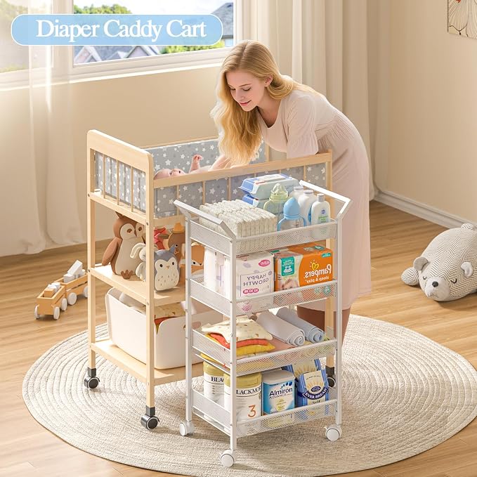 2 Pack Baby Diaper Caddy Cart, 4-Tier Diaper Caddy Organizer and Storage, Rolling Utility Cart for Baby Supplies, Diaper Cart with Wheels for Bedroom, Nursery, Changing Table, White - Image 4