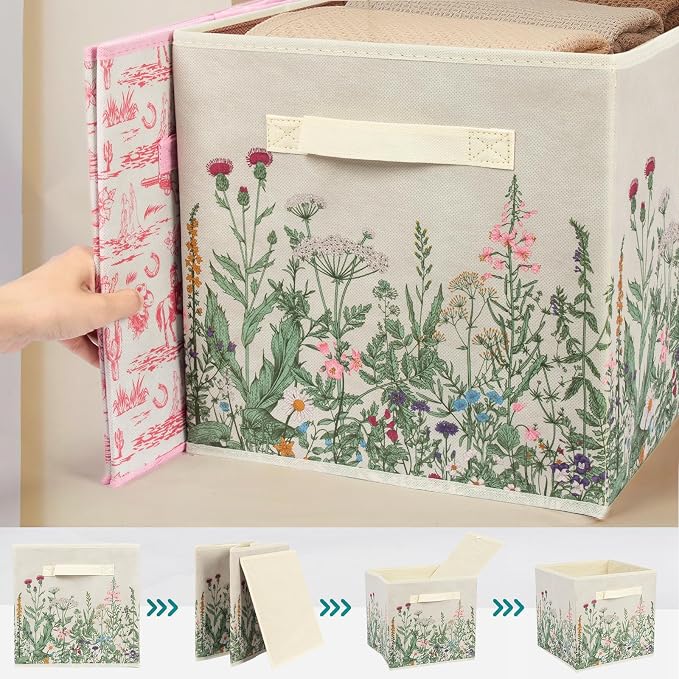 6 Pcs Wild Floral Cube Storage Bins 12.5 Inch Flower Storage Basket with Handle, Beige Collapsible Fabric Box for Classroom Bedrooms Office Home Decoration - Image 2