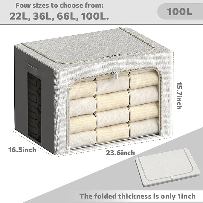 FHSQX 2 Pack Clear Window Storage Bins Large Stackable Linen Fabric Storage for Clothes Foldable Container Organizer Set with Carrying Handles (Lvory White, 23.6x 16.5x 15.7 Inch) - Image 4