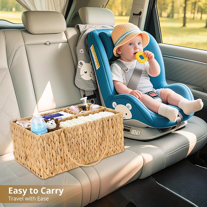 Large Baby Diaper Caddy Organizer, Handwoven Water Hyacinth Storage Basket, Portable Wicker Car Diaper Storage Bin for Nursery and Travel - Image 4