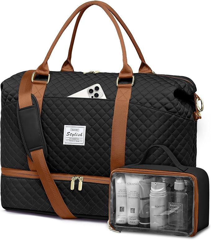Travel Weekender Bags for Women Duffle - Carry on Overnight Bag with Shoe Compartment & Toiletry Gym Duffel Bags with Wet Pocket Hospital for Labor and Delivery Black Brown by FIUAIE