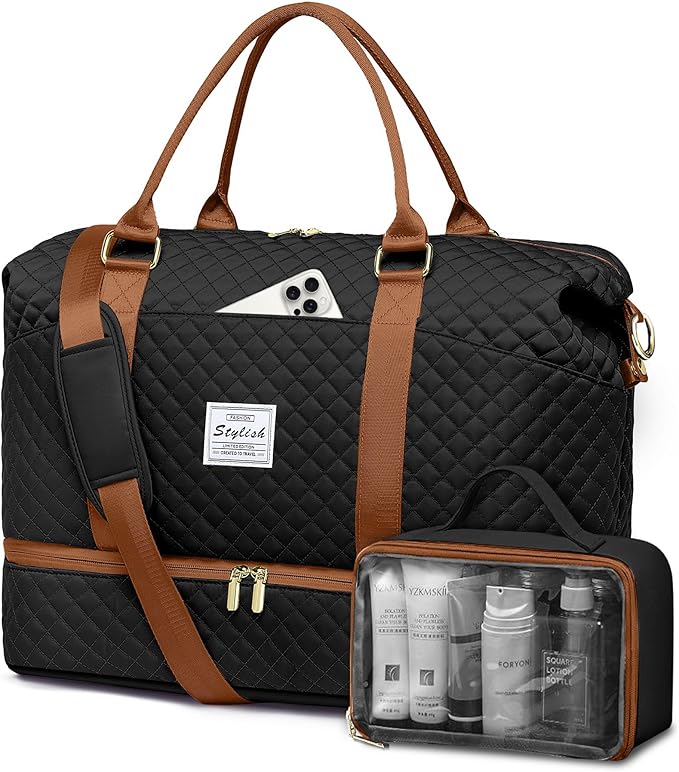 Travel Duffle for Women Weekender Bags - Large Duffel Overnight Bag with Shoe Compartment Carry on Tote Toiletry Weekend Yoga Gym Bags with Wet Pocket Hospital for Labor and Delivery Black Brown by FIUAIE