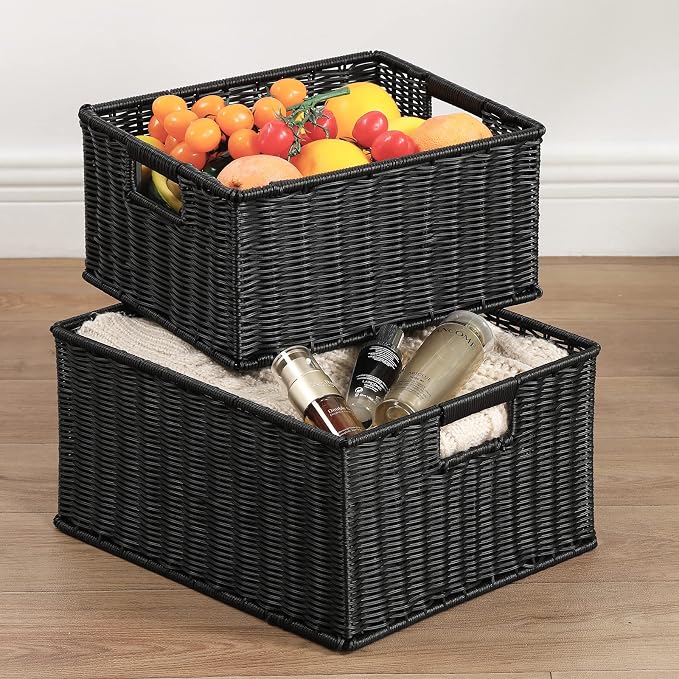 HOONEX Large Wicker Baskets for Storage, Plastic Baskets for Organizing with Dual Handles, Woven Baskets for Storage, Set of 2, (Black, 15 x 12.8 x 7.5 inches) - Image 5