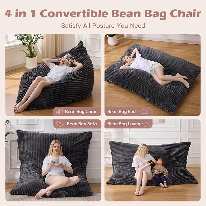 Bean Bag Chair, Giant Bean Bag Chair, 4 in 1 Convertible Beanbag Chairs for Adults with Removable Cover, Memory Foam Floor Cushions, Living Room, Bedroom, Dark Grey - Image 3