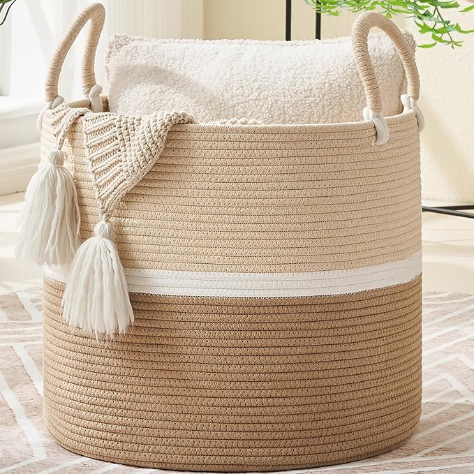 KAKAMAY Large Blanket Basket (18"x18"x16"),Woven Baby Laundry Hamper for Storage, Cotton Rope Blankets Baskets for Nursery, Laundry, Living Room, Pillows, Baby Toy chest with Handles (Light Brown) by KAKAMAY