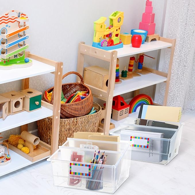 Lineshading 6 Pack Picture Book Organizer Bins with Dividers Large Plastic Book Holders with Labels Multi Purpose Classroom Organization Bins Storage Container(Clear,13.5 " X 13.5 " X 7.75") - Image 5