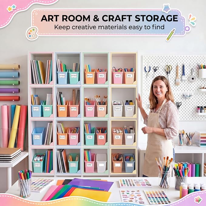 Blosssound 24 Set Book Bins for Classroom Stackable,Cloud Pastel | Plastic Baskets with Labels, Slanted Front, Library Supplies Organizers, Desktop Storage Bins, Teachers Home School Use - Image 6
