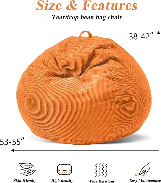 5FT Bean Bag Chair for Adults,Gaint Teardrop Beanbag with Filler | Beanbag Chair with Memory Foam Filled,Bean Bags with Handy Handle&Machine Washable Cover for Living Room,Bedroom-Orange - Image 2