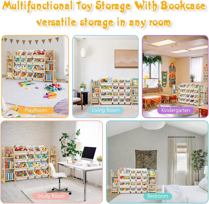 Kids Toy Storage Organizer with Bookshelf – Wooden Shelf with 16 Bins & 6 Shelves, Quick Assembly Storage Rack for Playroom, Bedroom, Nursery - White - Image 7