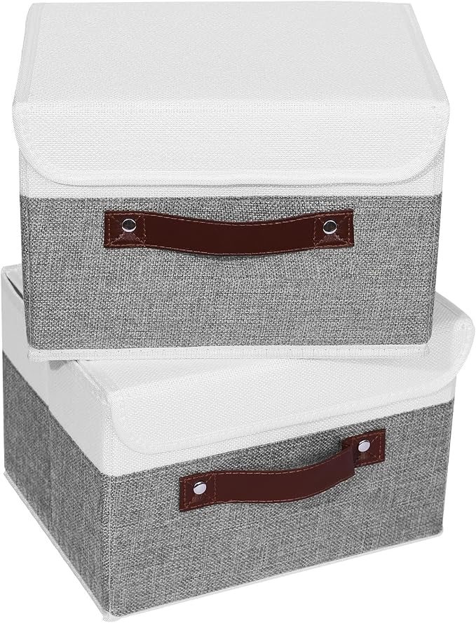 ANMINY Fabric Storage Box Bins with Lids, Gray White, 10"x8"x7", 2 Pack | Keepsake Memory Storage, Cotton Linen, PP Board Reinforced, Washable, PU Handles, Foldable & Stackable, Decorative, Small - Image 2