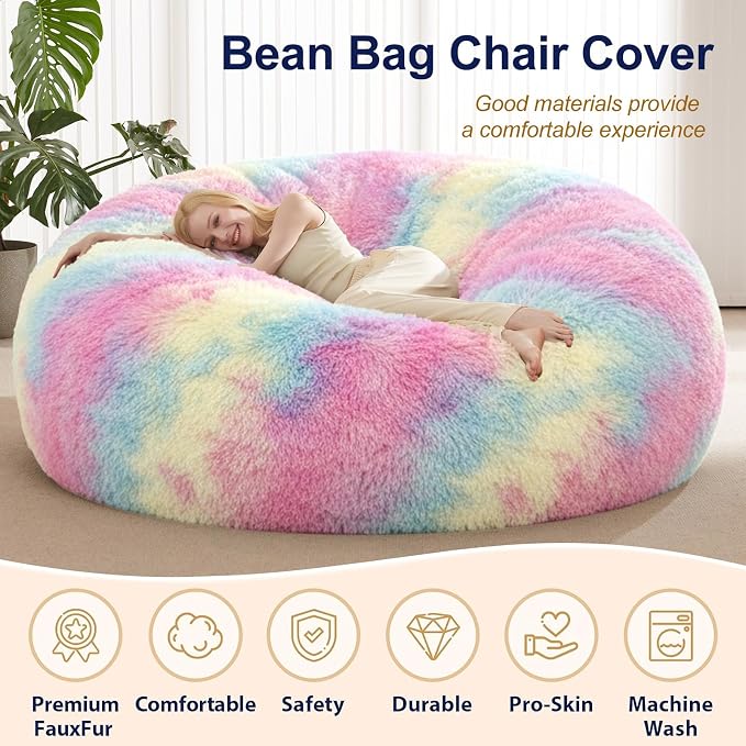 5FT Rainbow Bean Bag Chair Cover for Stuffed Animals Storage, Gaint Faux Fur Washable Bean Bag Covers(No Filler) for Textile Plush Toys, Colorful Beanbag Chair Cover for Adults Teens Girl Gifts - Image 4