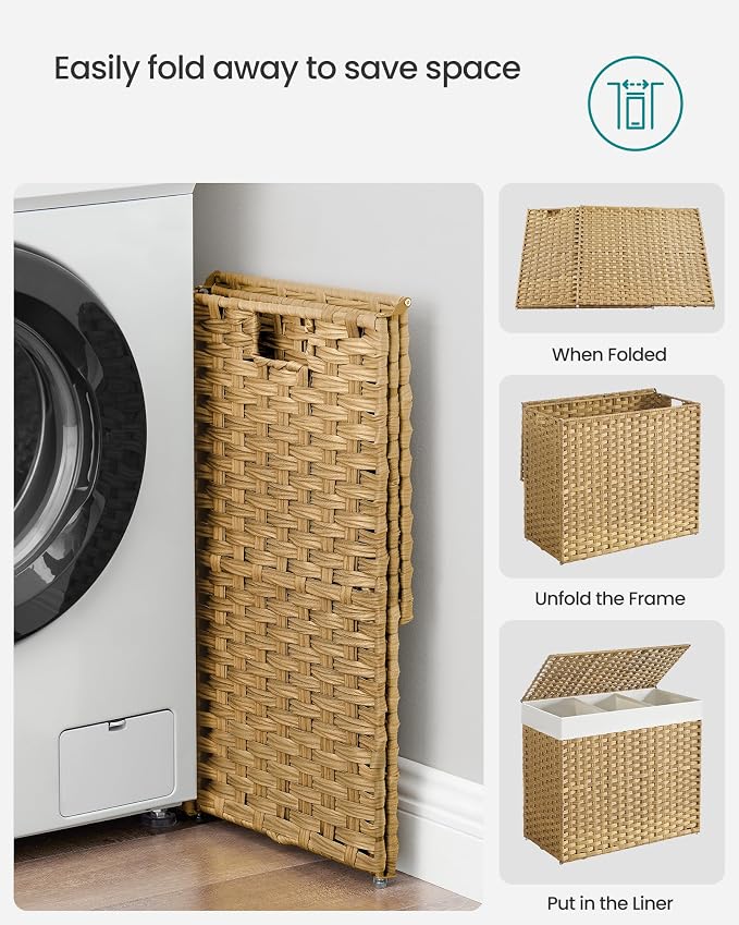 SONGMICS Laundry Hamper with Lid, 42.3 Gallons (160 L), Rolling Laundry Basket with Wheels, 3-Section Synthetic Rattan, Removable Liner, Bedroom, 29.9 x 13 x 26 Inches, Natural ULCB365N01 - Image 9