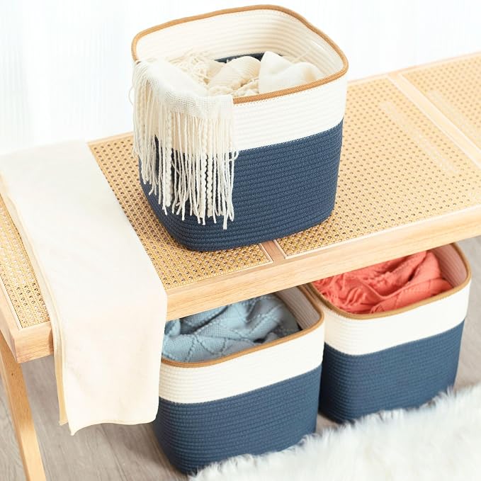 3-Pack 11x11 Inch Cube Storage Bin, Woven Storage Cube Organizer, Closet Organizer, Cute Square Storage Bins, Decorative Classroom Bathroom Pantry and Shelf Baskets, Prussian Blue - Image 6