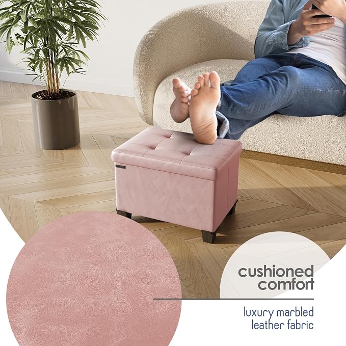 Storage Ottoman Cube with Small Bin, 16-in Square Ottoman with Storage for Living Room and Bedroom, Small Ottomans Foot Rest, Leather Foot Stools Ottomans Max 330lbs, Pink - Image 7