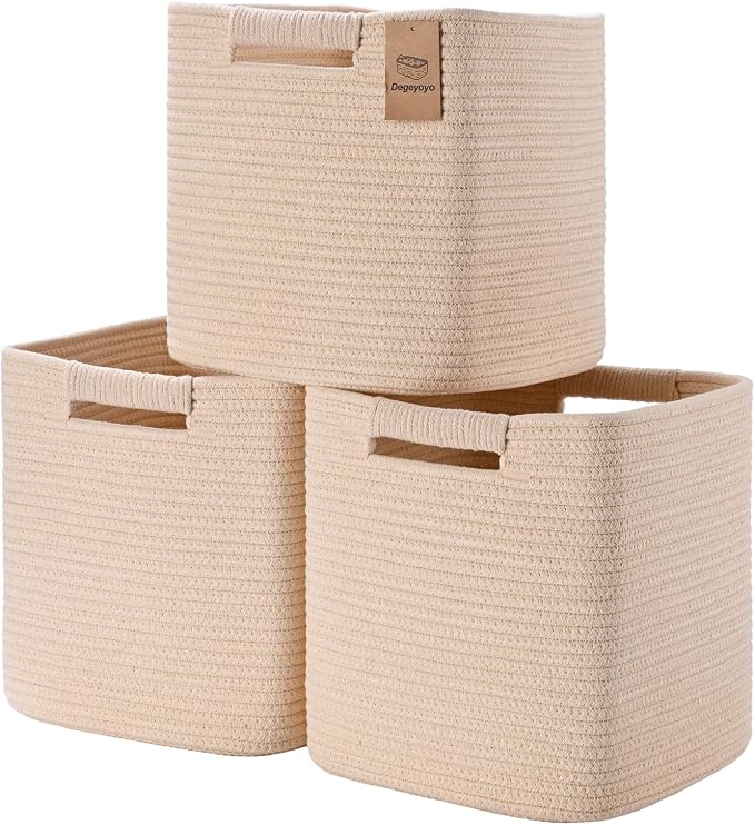 11 Inch Storage Cubes, 3 Pack Cube Storage Bins for Organizing, Cotton Rope Woven Baskets for Shelves, Bathroom, Kids Room, Closets, Baby Nursery by Degeyoyo