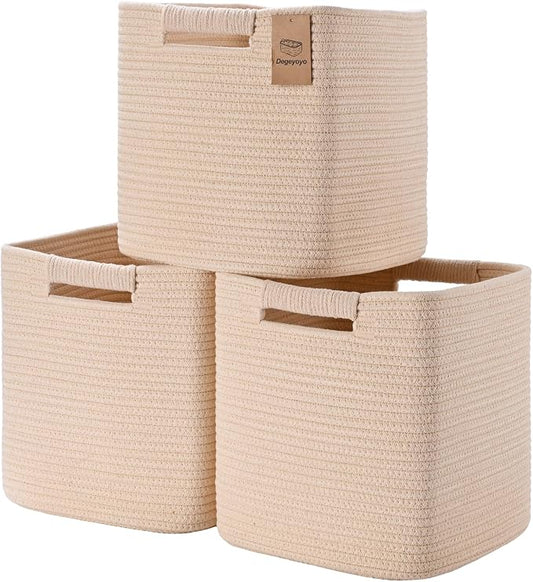 13 Inch Storage Cubes, 3 Pack Cube Storage Bins for Organizing, Cotton Rope Woven Baskets for Shelves, Bathroom, Kids Room, Closets, Baby Nursery by Degeyoyo