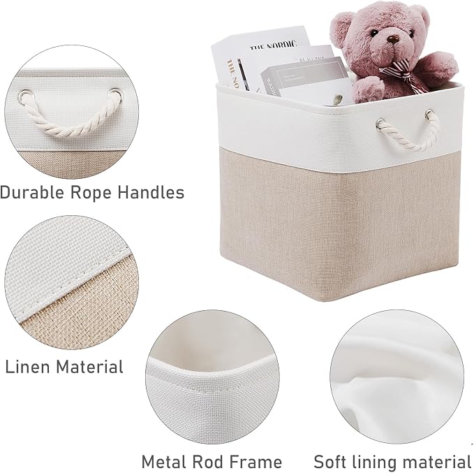 MidmmVick 12 x 12 Inch Cube Storage Bins, 6 Pack Large Collapsible Fabric Storage Bin with Ropes, Foldable Storage Cubes for Home, Office,Closet, Clothes, Toys Organizer (White & Beige) - Image 5