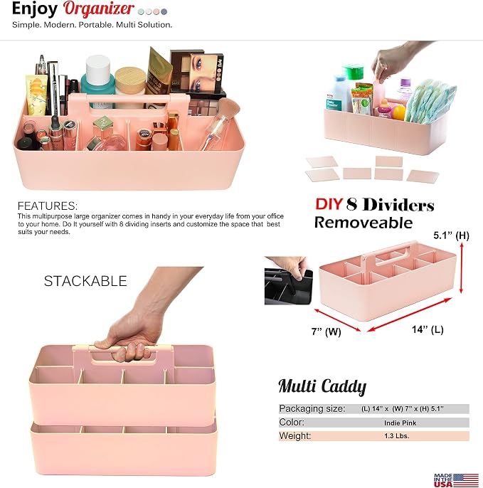 -Large Portable Caddy, DIY Dividers, 8 Compartments, School Home Business Organizer,Portable Basket with Handle Storage Organizer Modern Made in USA (4 PACK, Indie Pink) - Image 5