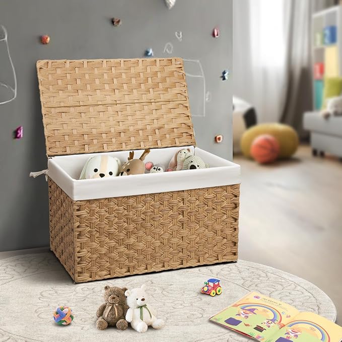 Wicker Storage Basket with Lid, 52.8 Gallon (200L) Large Blanket Basket with Lid, Woven Storage Bin with Handles, Removable Liner, Metal Frame, Foldable, for Bedroom, Laundry Room, Natural - Image 2