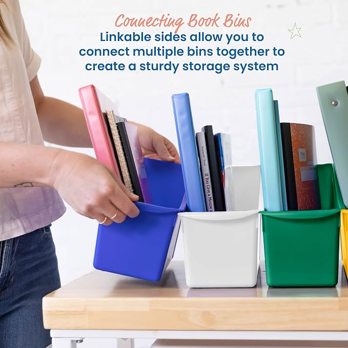 ECR4Kids Linking Plastic Storage Book Bin, Multipurpose Organization, Assorted, 10-Piece | Durable plastic with built-in handles, interlocking, nestable, ideal for books, magazines, and files in a classroom or office - Image 3