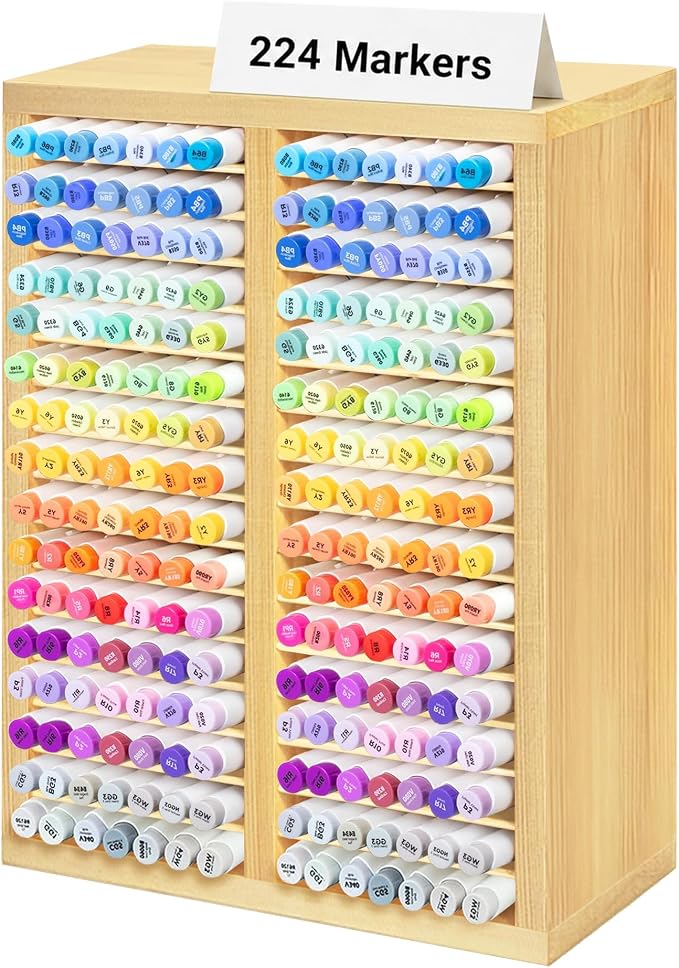 PROLEE Marker Organizer for 224 Markers, Wooden Alcohol Marker Holder with 32 Compartments, Horizontal Art Pen and Pencil Storage Rack for Desk, Classroom and Studio, Natural by Hamstercages