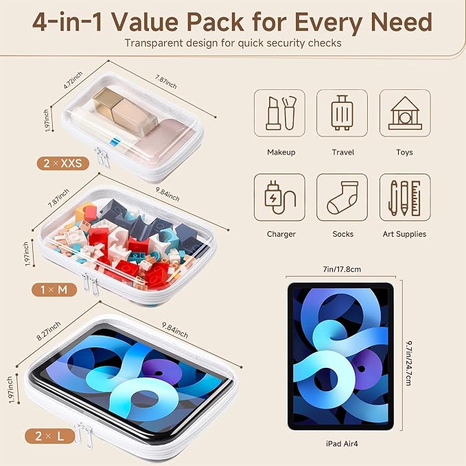 4 Pack Clear Hard Shell Zipper Case Diaper Organizer | 1.0mm Hard Shell, Upgraded Large Zipper Pulls, Clear Travel Pouches, Smooth Zipper Closure, Holds Shape - Image 4