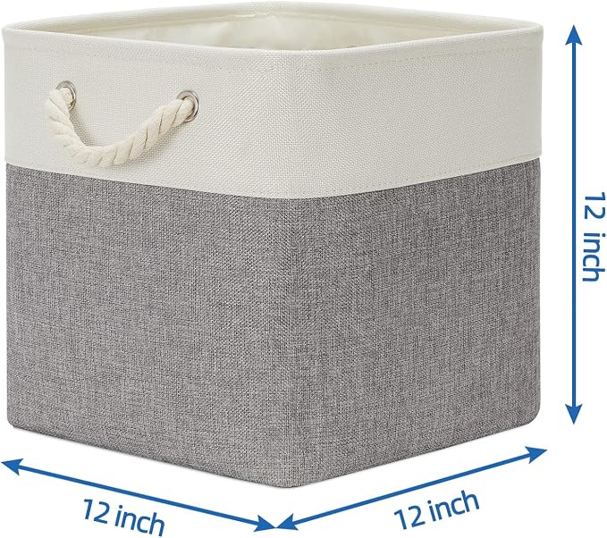 Temary Fabric Baskets 12 Inch Storage Cubes Basket with Handle, Clothes Baskets for Gift, Large Bins for Organizing Books, Blankets (White&Gray) - Image 2