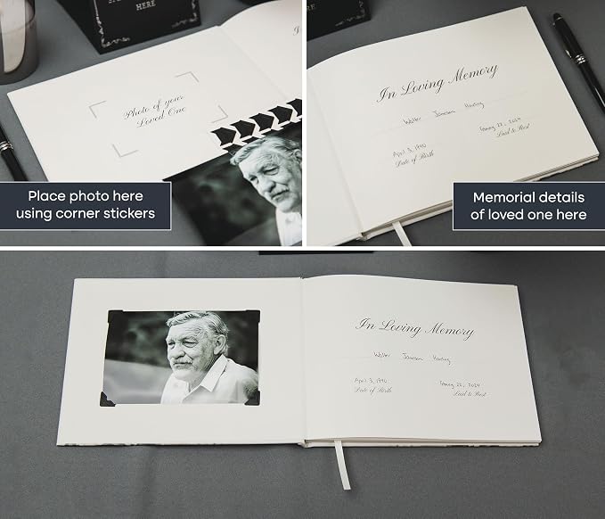 Cross Hardcover Funeral Guest Book - 9.5 x 7 Celebration of Life Guestbook for Memorial Service with 5x7 Paper Sign, Pen, Black Photo Corner Stickers - Image 7