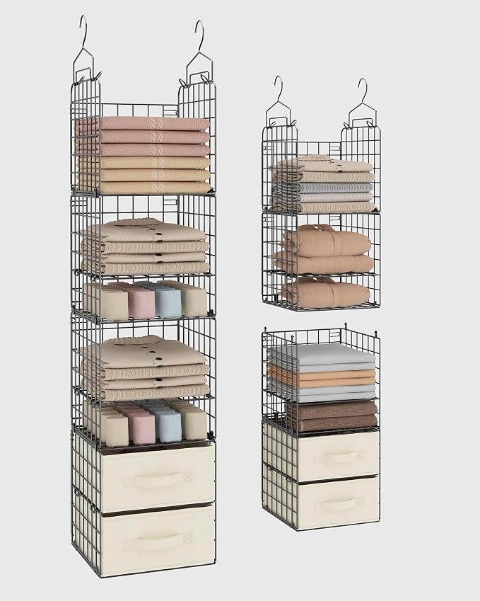 4 Tier Metal Hanging Closet Organizer with 2 Fabric Drawers | Heavy Duty Foldable Clothes Storage Rack ,No Sag Storage Rack for Clothes, Sweaters, Hats, Small Closets, Apartments, Dorms by Unknown