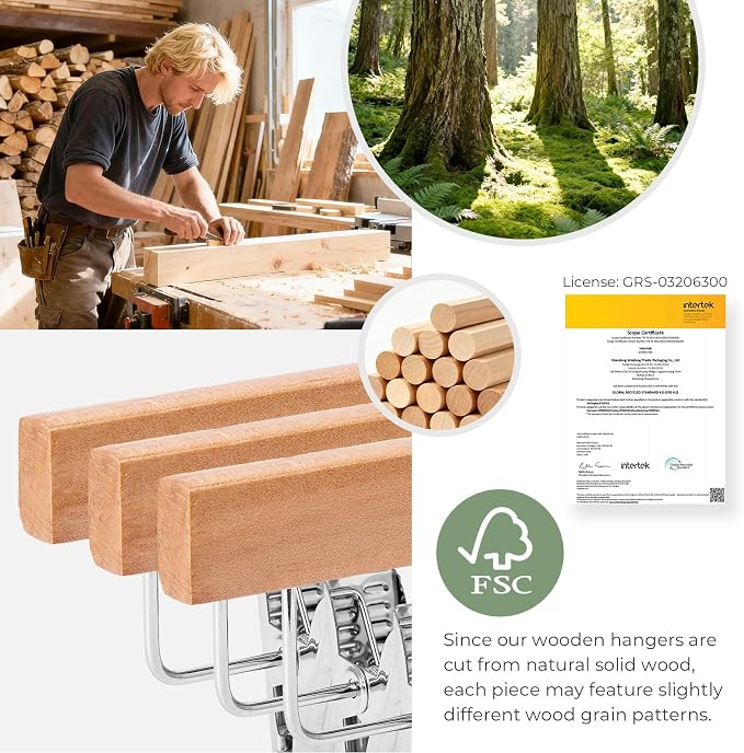 HOUSE DAY Wooden Pants Hangers with Clips, 20 Pack Skirt Hangers, Natural | 14-Inch Wood Hangers with Adjustable Non-Slip Metal Clips & 360° Swivel Hooks, Heavy Duty for Jeans, Slacks, Trousers, Shorts - Image 9