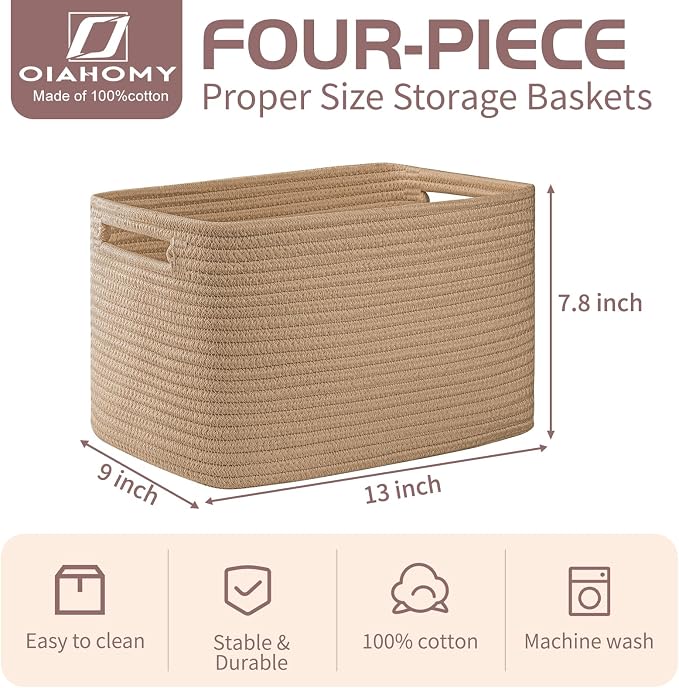 OIAHOMY 4 Pack Storage Baskets for Organizing 15L Cube Storage Bins Yellow | Woven Baskets for Storage Rectangle Small Baskets With Handles Baskets for Shelves Wicker Baskets for Shelves 12.7x9x7.8inch - Image 2