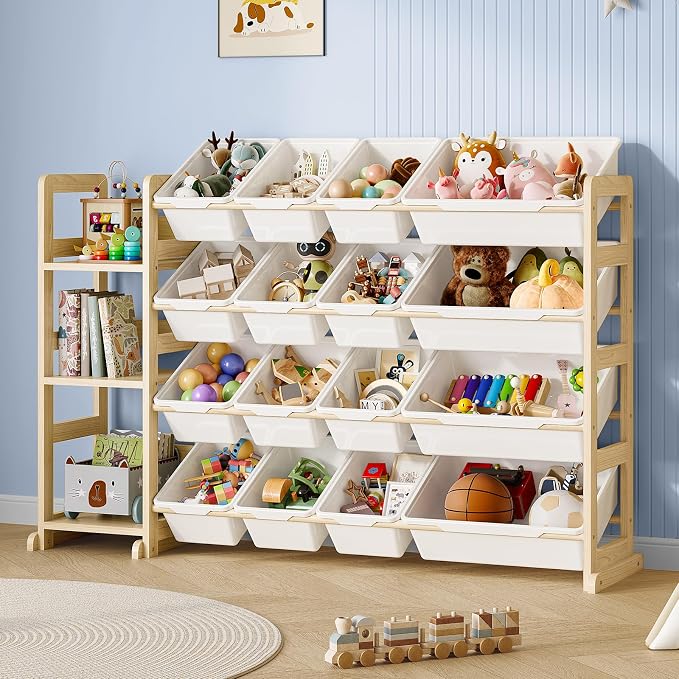 EXPERLAM Toy Storage Organizer, Toy Storage Shelf with 3 Shelves and 16 Storage Bins (12 Small + 4 Large), 3-in-1 Kids Bookshelf for Kids Rooms, Playroom, Nursery, White by EXPERLAM