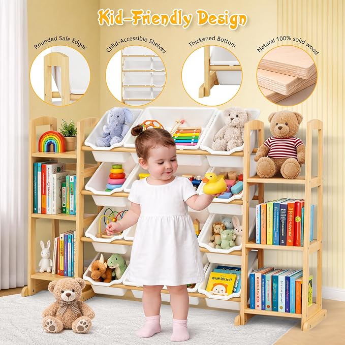 Toy Storage Organizer with Bookshelf – Wooden Toy Organizer with 12 Toy Bins & 6 Tier Bookcase,Quick Assembly Kids Bookshelf,Toy Bin for Playroom, Bedroom, Nursery– White - Image 3