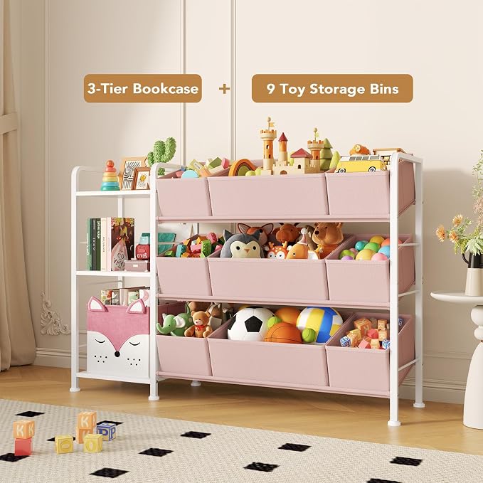 BBLIKE Kids Bookshelf and Toy Storage Organizer with 9 Removable Fabric Bins, Kids Book Shelf & Stuffed Animal Storage Rack for Playroom, Bedroom, Nursery, Pink - Image 6