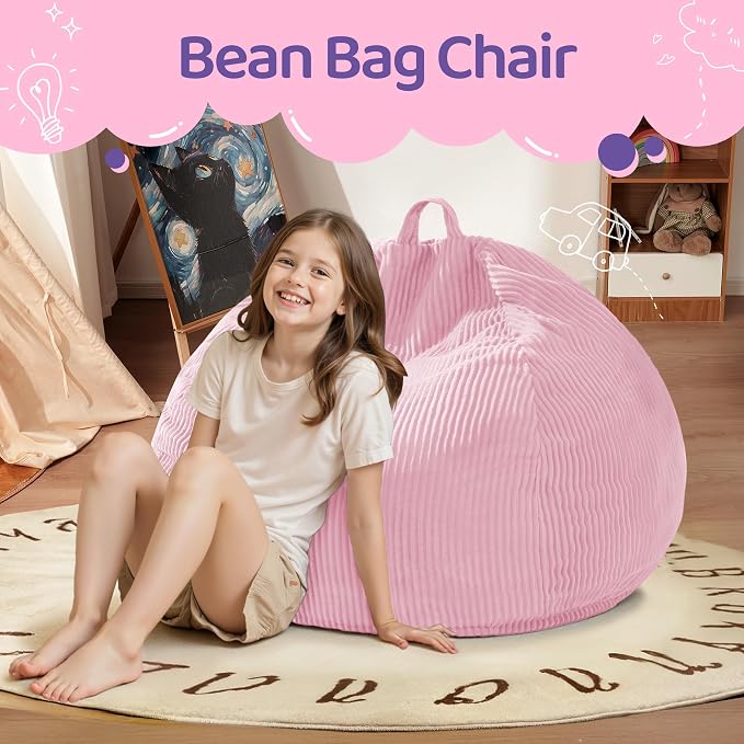 2.5FT Bean Bag Chair,Teardrop Bean Bags with Memory Foam Filled | Beanbag Chairs with Handle,Teardrop Bean Bag Sofa with Corduroy Machine Washable Cover for Living Room,Bedroom-Light Pink - Image 3