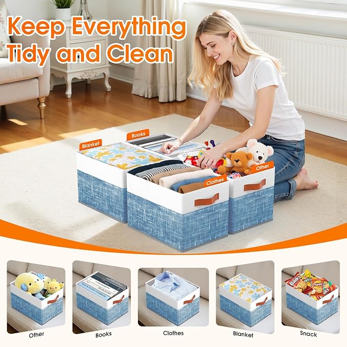 Collapsible Storage Baskets for Shelves,14"x10", 6 Pack Foldable Fabric Storage Bins with Double Leather Handles, Large Baskets for Organizing Books, Clothes, White & Blue - Image 3