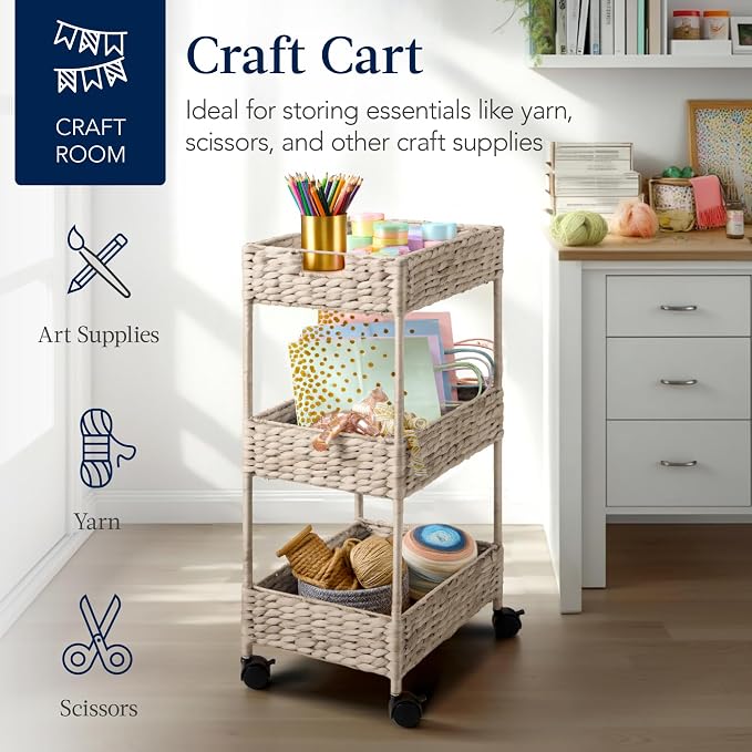 Best Choice Products 3-Tier Water Hyacinth Rolling Nursery Caddy w/Wheels, Utility Cart, Storage Organization for Bathroom, Craft Room, Laundry Room - Whitewash - Image 7