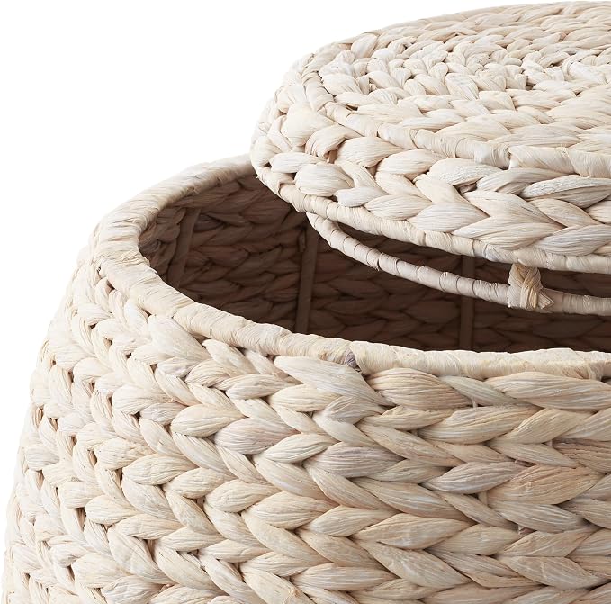 Casafield Round Storage Basket with Lid - Whitewash, Handwoven Water Hyacinth Organizer for Laundry, Blankets, Plants, Bedroom, Living Room, Office - Image 5