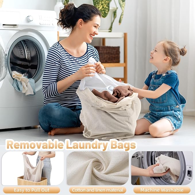 Aliphon 72L Slim Laundry Hamper with Lid, Foldable Bamboo Clothes Laundry Basket with Handles, Removable and Machine Washable Liner, for Bedroom, Bathroom, Dorm, Natural Beige - Image 5