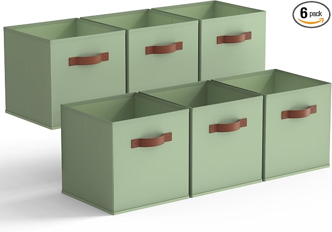GRANNY SAYS 11 Inch Fabric Storage Cubes, 6-Pack, Sage Green | Collapsible Cube Storage Bins with Thickened Base Plate, Sturdy Handles, Decorative Baskets for Shelves, Closet by GRANNYSAYS