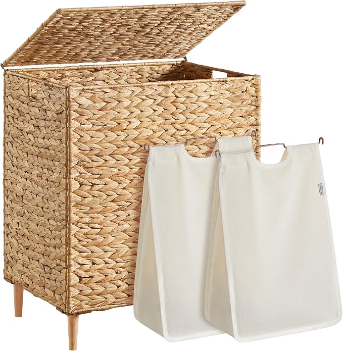 SONGMICS Laundry Hamper 2 Sections, 34.3 Gal. (130 L) Handwoven Water Hyacinth Wicker Laundry Basket with Lid, Natural Material, Removable Machine Washable Liners, Handles, Natural ULCB202Y01 by Unknown