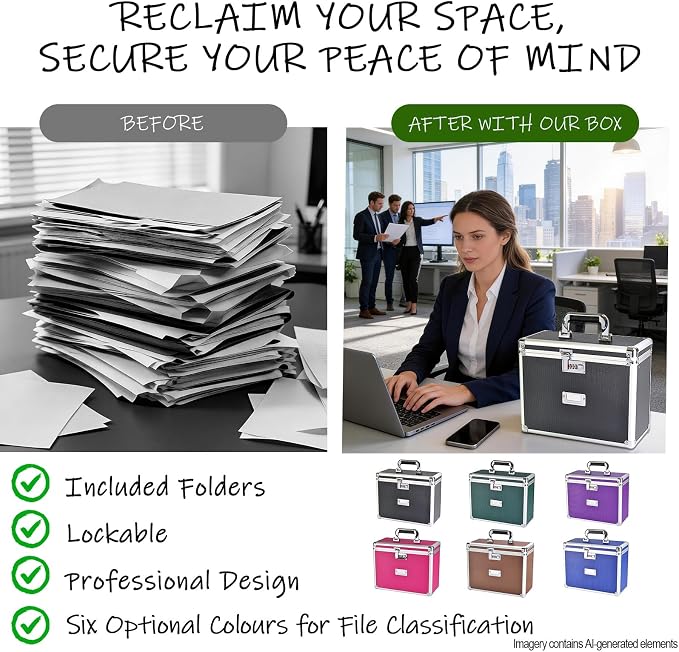 Hanging File Box for Letter, All-in-one set with 10 Folders | Portable Locking Filing Storage Box with Handle & Shoulder strap, Lockable File Cabinet Documents Safe, Lockbox Doc Organizer - Image 7